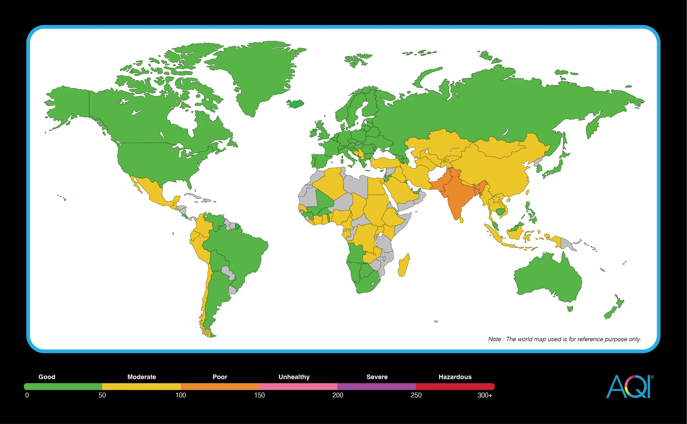 world air quality map for 2024 with AQI levels in colour range