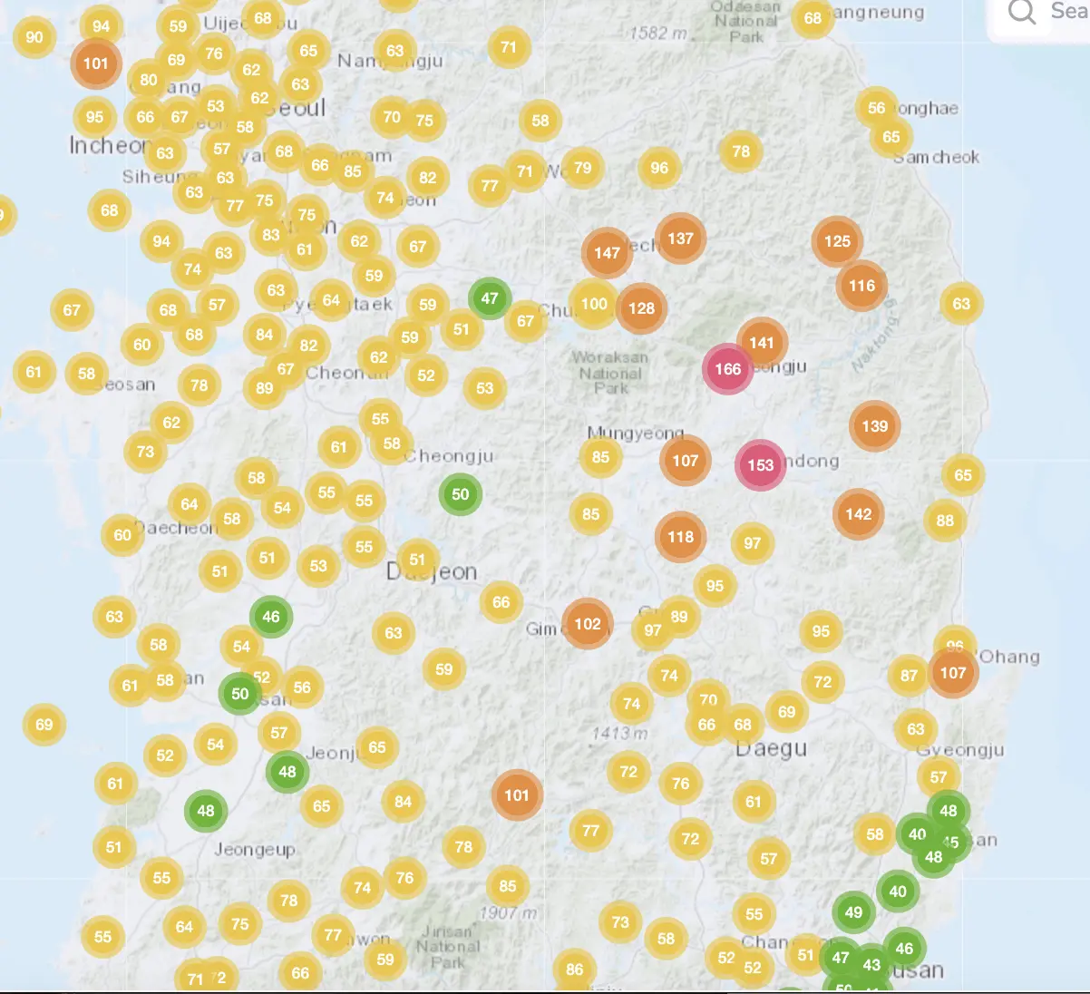 air quality map of south korea showing AQI levels during the wildfire on 27th March 2025