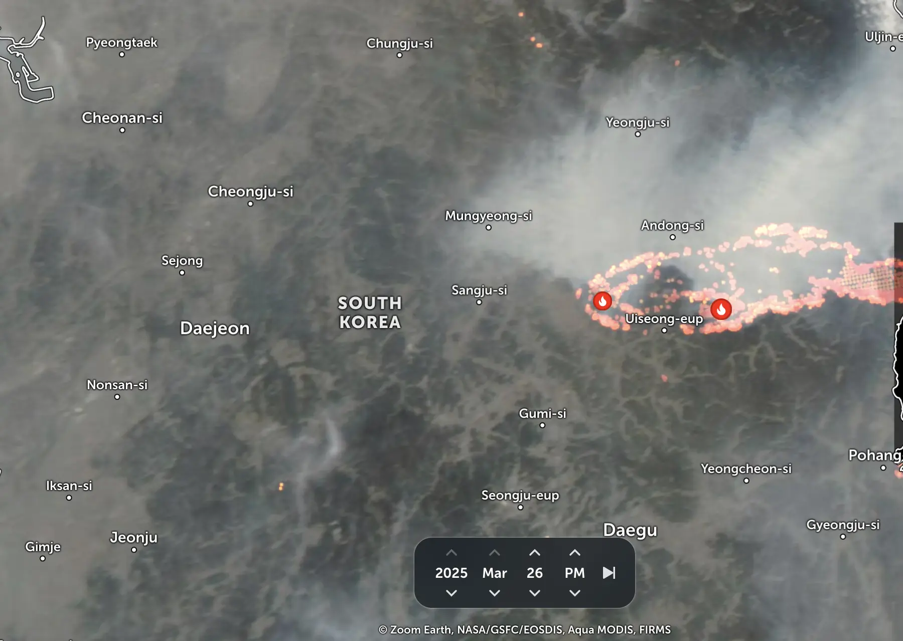 Satellite view of south korea wildfire on 26th March 2025 showing pollution emission from the fire and the area coverage