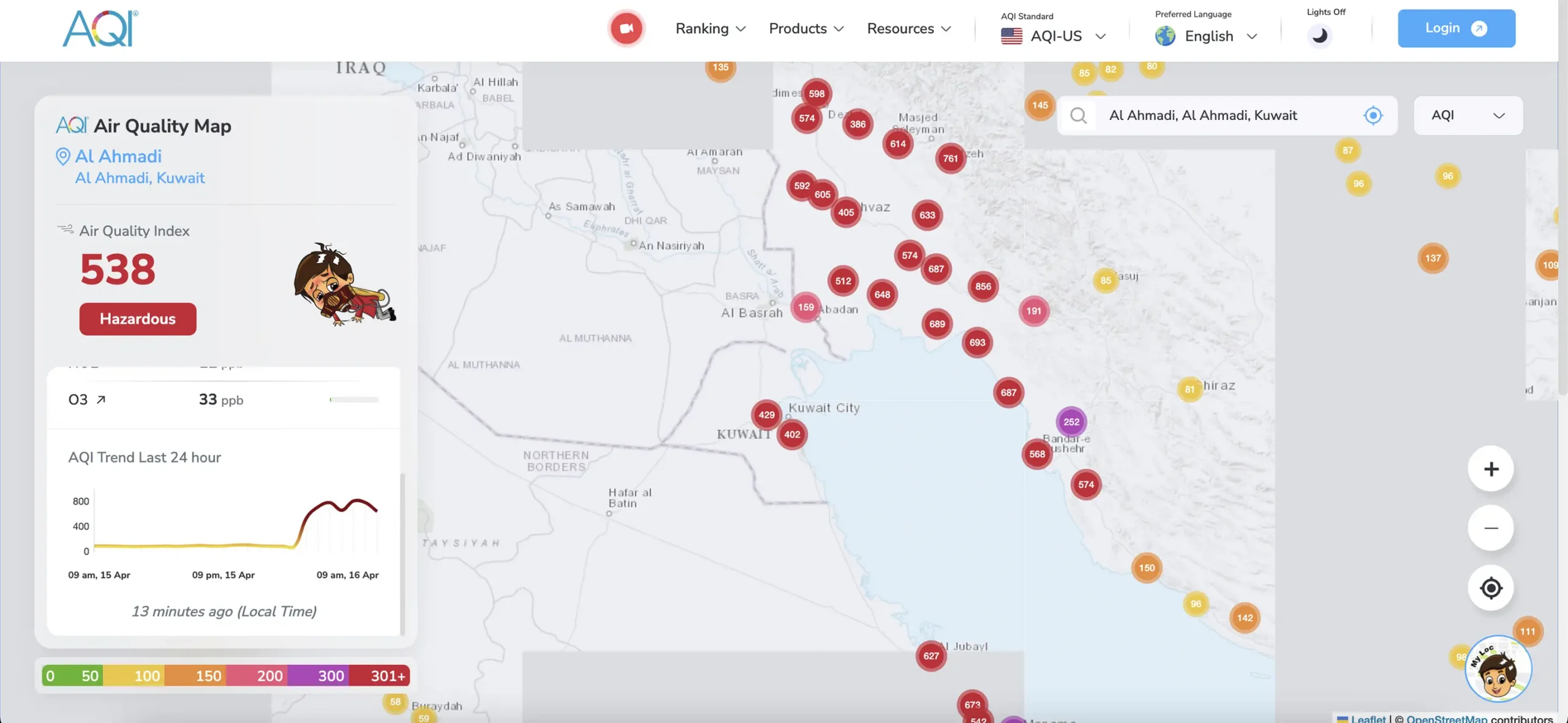 Al Ahmadi Kuwait AQI levels on 16th April 2025 high