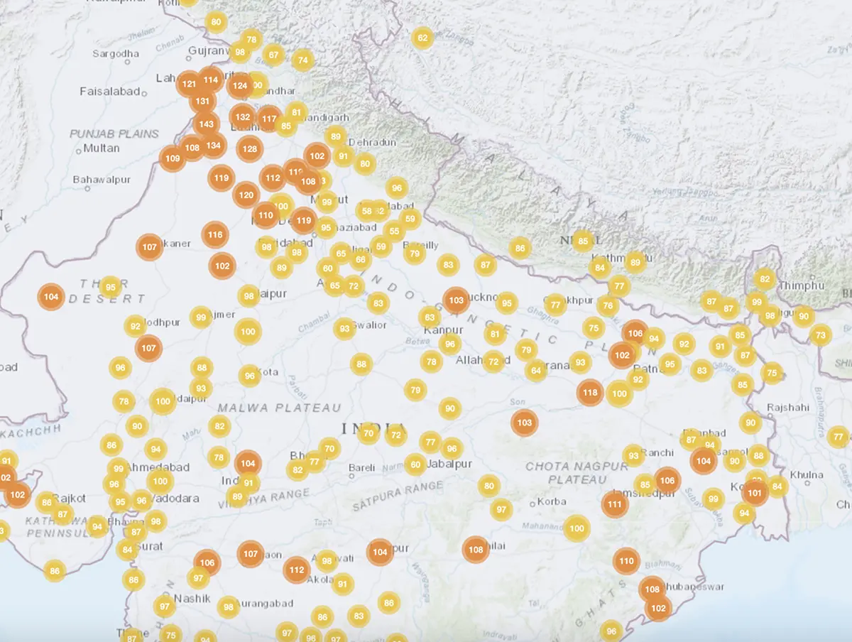 India AQI Map with real-time air quality levels