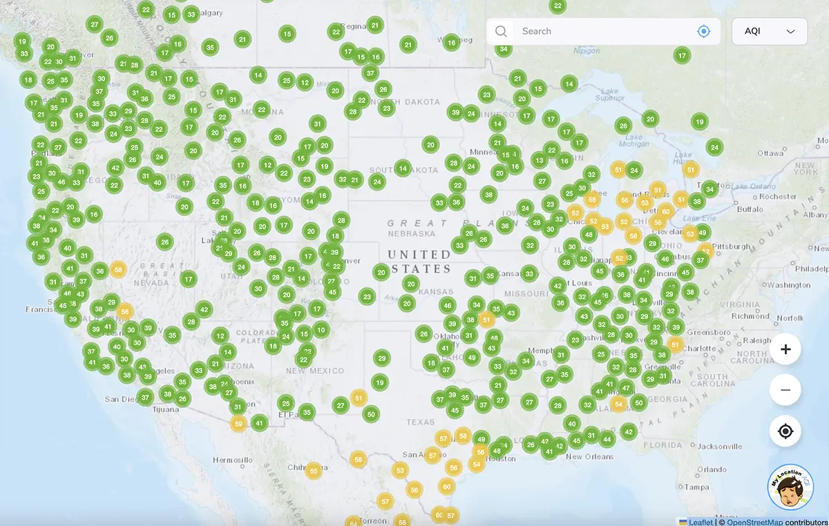 The United States Map AQI levels real-time