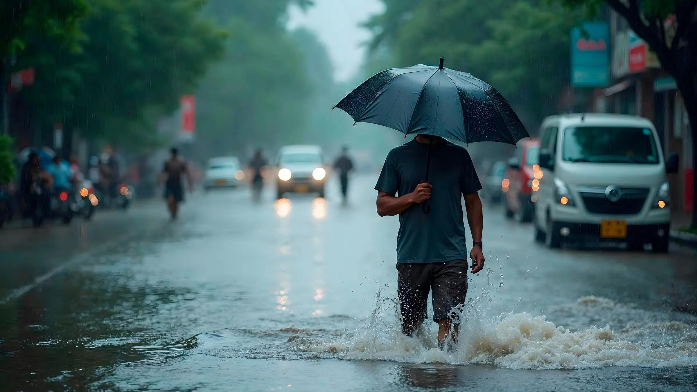 A man walking in heavy water-logging with a umbrella