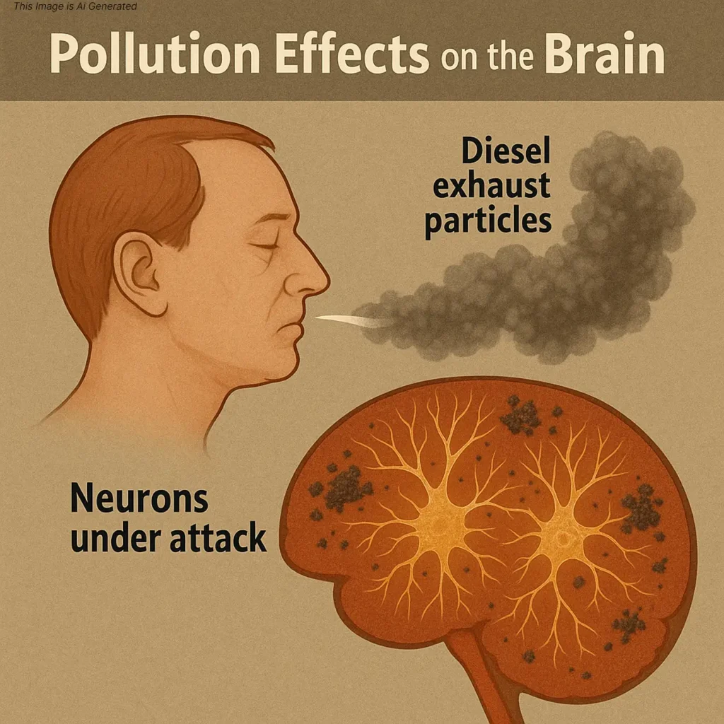 Neurons under attack from pollution particles in a brain cross-section.