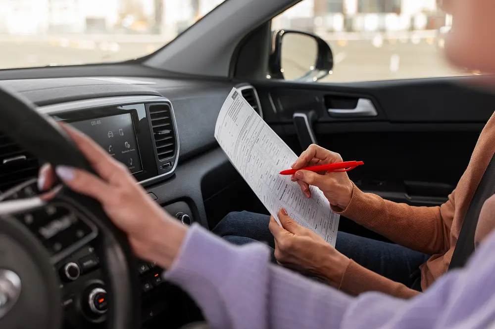 Vehicle compliance as a woman driving and checklist with her